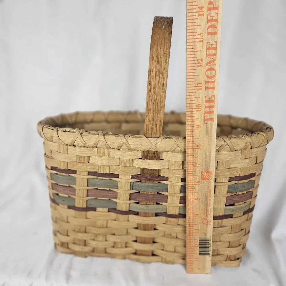 Vtg Hand Woven Splint Oak Gathering Basket Bentwood Handle Primitive Farmhouse